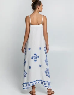 Greek Archaic Kori Lefkada Strappy Maxi Dress - White and Blue Fashion