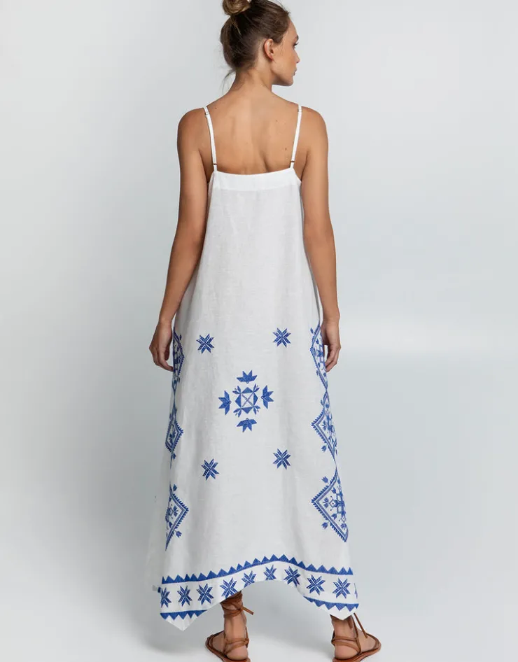 Greek Archaic Kori Lefkada Strappy Maxi Dress - White and Blue Fashion