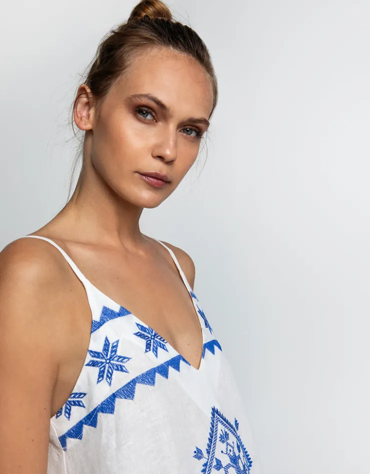 Greek Archaic Kori Lefkada Strappy Maxi Dress - White and Blue Fashion