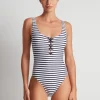 Lauren Ralph Lauren Luxe Stripe Lace Up Swimsuit - Navy White Discount