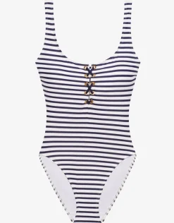 Lauren Ralph Lauren Luxe Stripe Lace Up Swimsuit - Navy White Discount