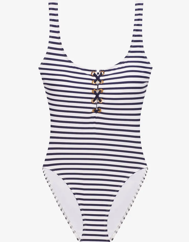 Lauren Ralph Lauren Luxe Stripe Lace Up Swimsuit - Navy White Discount