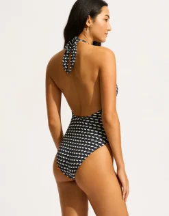 Seafolly Mala Ring Front Halter Swimsuit - Black Fashion