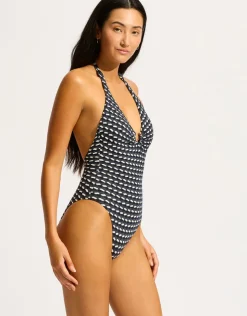 Seafolly Mala Ring Front Halter Swimsuit - Black Fashion