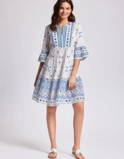 Iconique Marina 3/4 Sleeve Dress - White and Blue Outlet