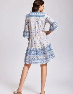 Iconique Marina 3/4 Sleeve Dress - White and Blue Outlet