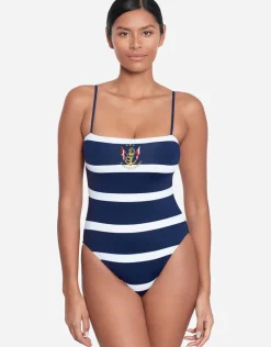 Lauren Ralph Lauren Mariner Stripe Embroidered Square Neck Swimsuit - Navy and White Online
