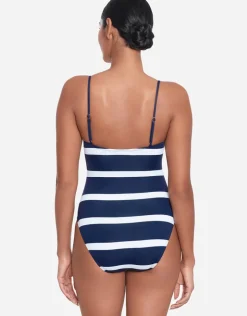 Lauren Ralph Lauren Mariner Stripe Embroidered Square Neck Swimsuit - Navy and White Online