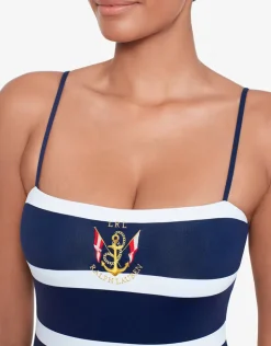 Lauren Ralph Lauren Mariner Stripe Embroidered Square Neck Swimsuit - Navy and White Online
