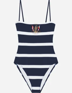 Lauren Ralph Lauren Mariner Stripe Embroidered Square Neck Swimsuit - Navy and White Online