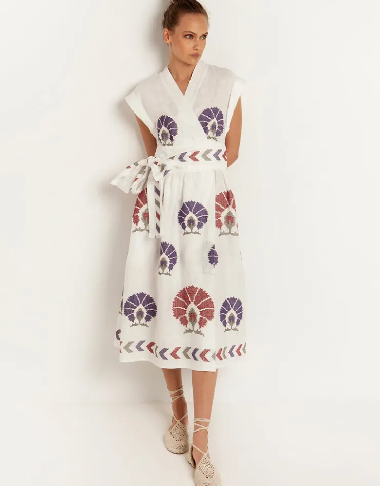 Greek Archaic Kori Mini Peacocks Wrap Midi Dress - White and Purple Online