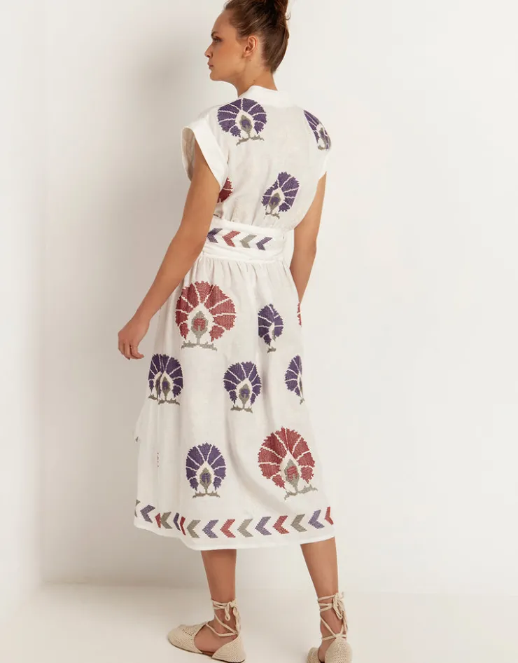 Greek Archaic Kori Mini Peacocks Wrap Midi Dress - White and Purple Online