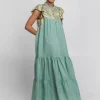 Greek Archaic Kori New Triangle Maxi Dress - Sea Green and Gold Sale