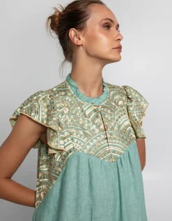 Greek Archaic Kori New Triangle Maxi Dress - Sea Green and Gold Sale