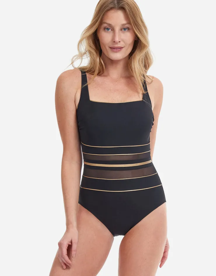Gottex Onyx Square Neck Tank Swimsuit - Black and Gold Sale