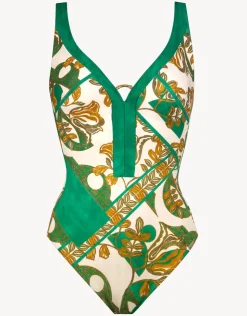 Maryan Mehlhorn Perceptions Underwired Plunge Swimsuit - Cream and Green Best