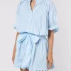 Juliet Dunn Poplin Blouson Dress with Ric-Rac Embroidery - Pale Blue Sale