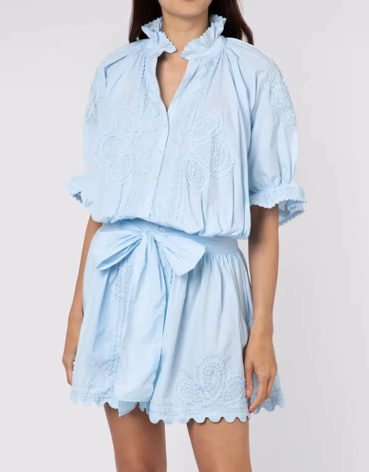 Juliet Dunn Poplin Blouson Dress with Ric-Rac Embroidery - Pale Blue Sale