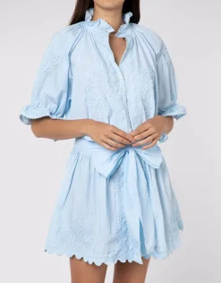 Juliet Dunn Poplin Blouson Dress with Ric-Rac Embroidery - Pale Blue Sale