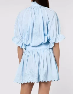 Juliet Dunn Poplin Blouson Dress with Ric-Rac Embroidery - Pale Blue Sale