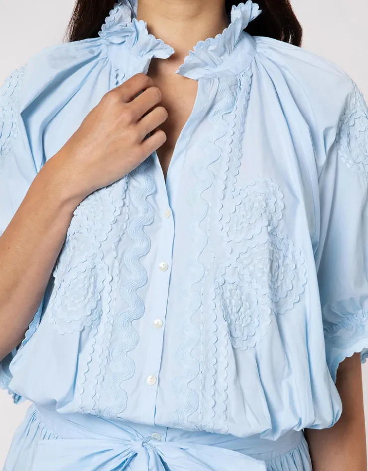 Juliet Dunn Poplin Blouson Dress with Ric-Rac Embroidery - Pale Blue Sale