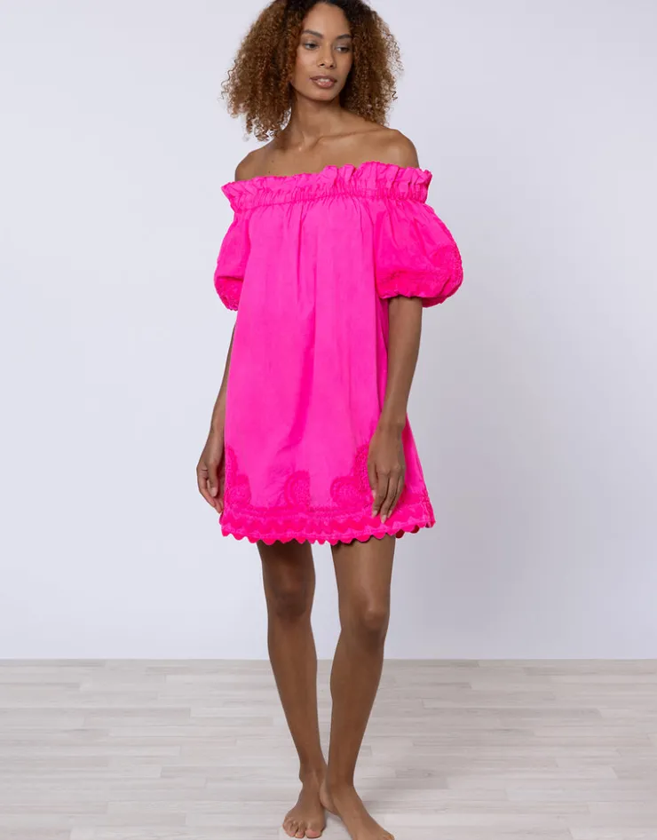 Juliet Dunn Poplin Off Shoulder Mini Dress with Ric-Rac - Indian Pink Clearance