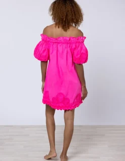 Juliet Dunn Poplin Off Shoulder Mini Dress with Ric-Rac - Indian Pink Clearance