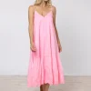 Juliet Dunn Poplin V-Neck Midi Dress with Cord Flower - Pink Grapefruit Hot
