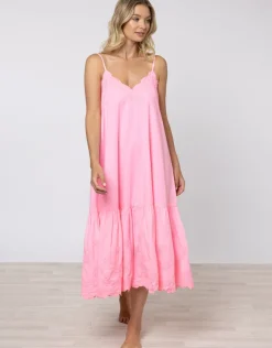 Juliet Dunn Poplin V-Neck Midi Dress with Cord Flower - Pink Grapefruit Hot