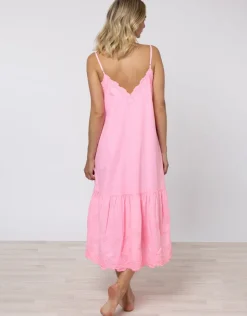 Juliet Dunn Poplin V-Neck Midi Dress with Cord Flower - Pink Grapefruit Hot