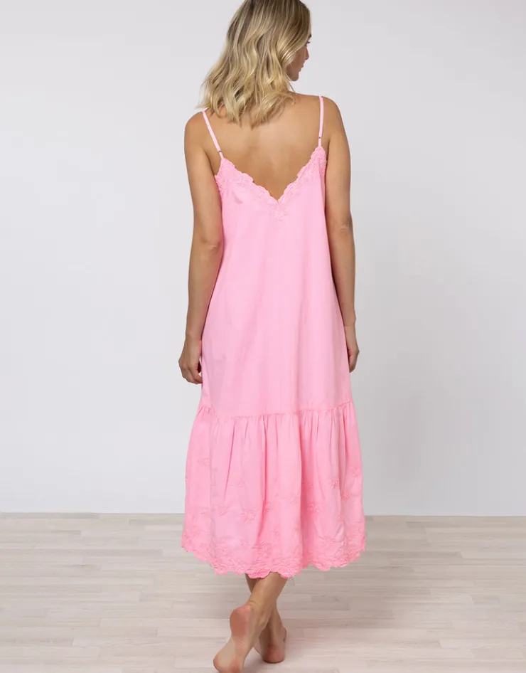 Juliet Dunn Poplin V-Neck Midi Dress with Cord Flower - Pink Grapefruit Hot