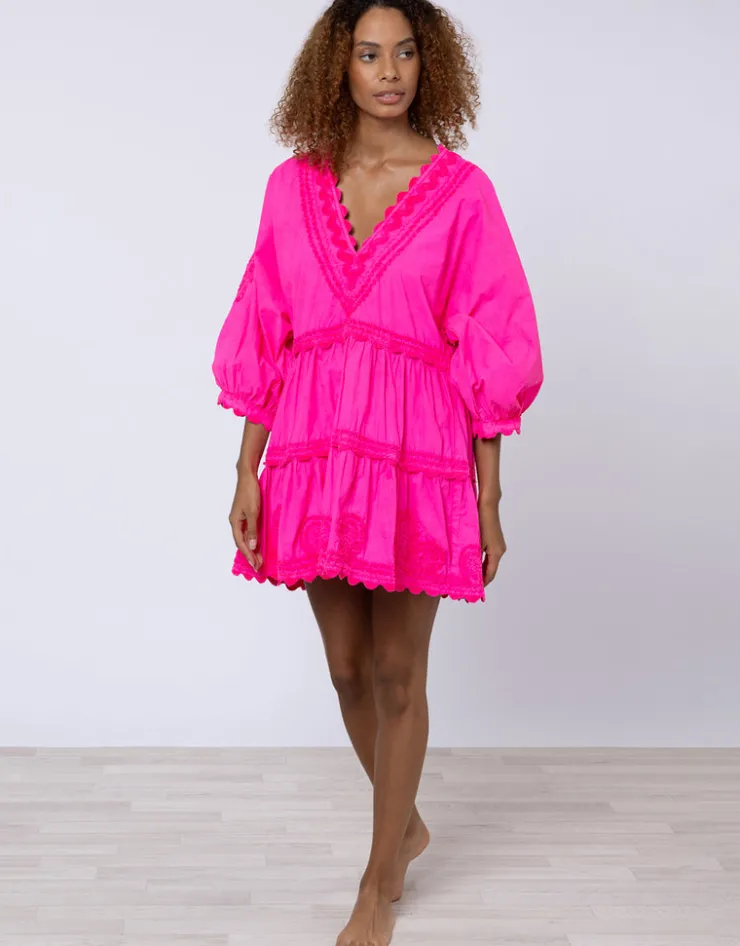 Juliet Dunn Poplin V-Neck Tiered Mini Dress with Ric-Rac - Indian Pink Fashion