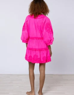 Juliet Dunn Poplin V-Neck Tiered Mini Dress with Ric-Rac - Indian Pink Fashion
