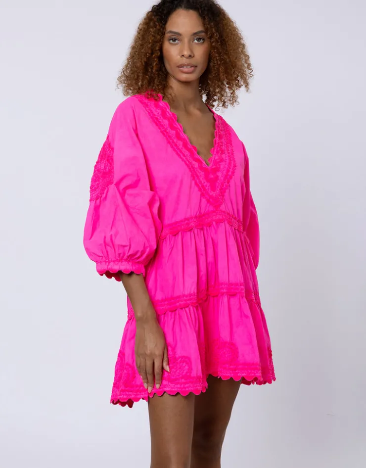 Juliet Dunn Poplin V-Neck Tiered Mini Dress with Ric-Rac - Indian Pink Fashion