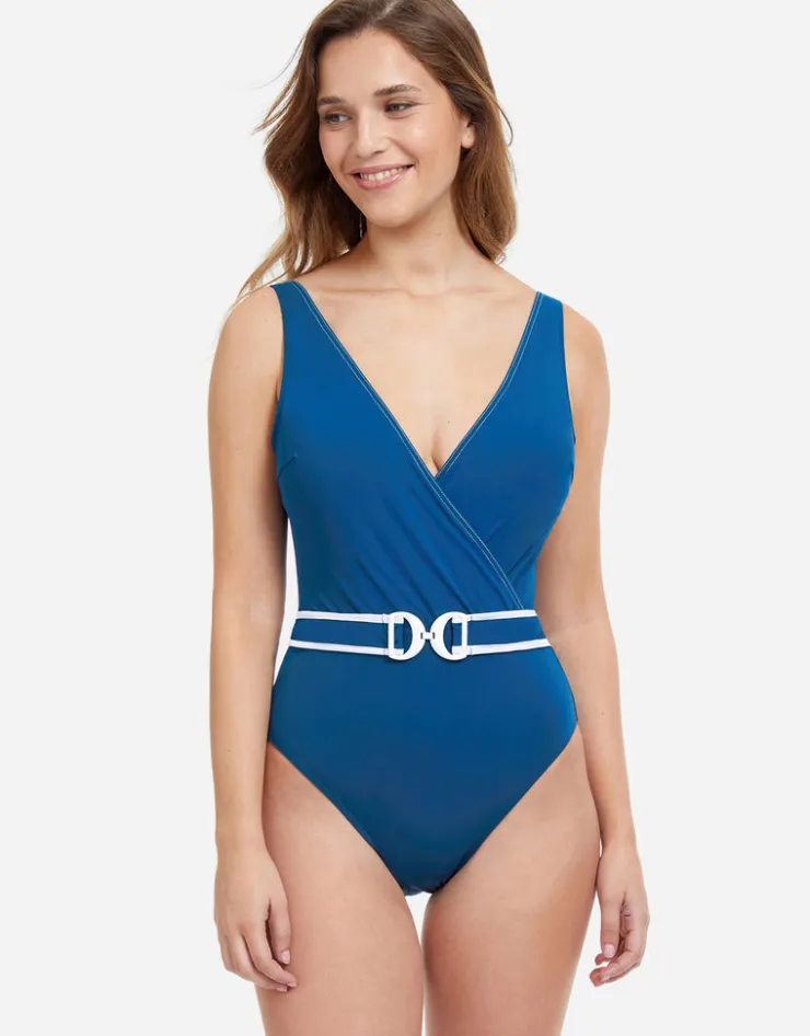 Gottex Profile California Girl Belted Wrap Swimsuit - Petrol Blue Clearance