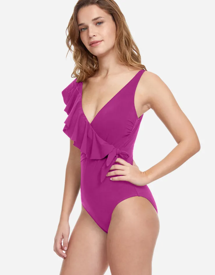 Gottex Profile Tutti Frutti Ruffle Surplice Swimsuit - Warm Violet Clearance