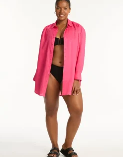 Sea Level Resort Linen Beach Shirt - Hot Pink Online