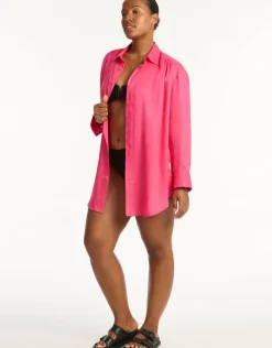 Sea Level Resort Linen Beach Shirt - Hot Pink Online