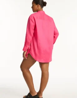 Sea Level Resort Linen Beach Shirt - Hot Pink Online