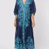 Juliet Dunn Rose Border Print V-Neck Maxi Dress - Indigo Hot