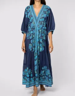 Juliet Dunn Rose Border Print V-Neck Maxi Dress - Indigo Hot