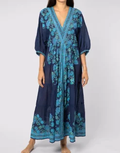 Juliet Dunn Rose Border Print V-Neck Maxi Dress - Indigo Hot