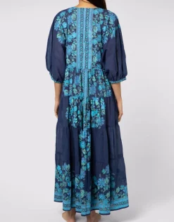Juliet Dunn Rose Border Print V-Neck Maxi Dress - Indigo Hot