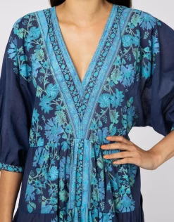 Juliet Dunn Rose Border Print V-Neck Maxi Dress - Indigo Hot