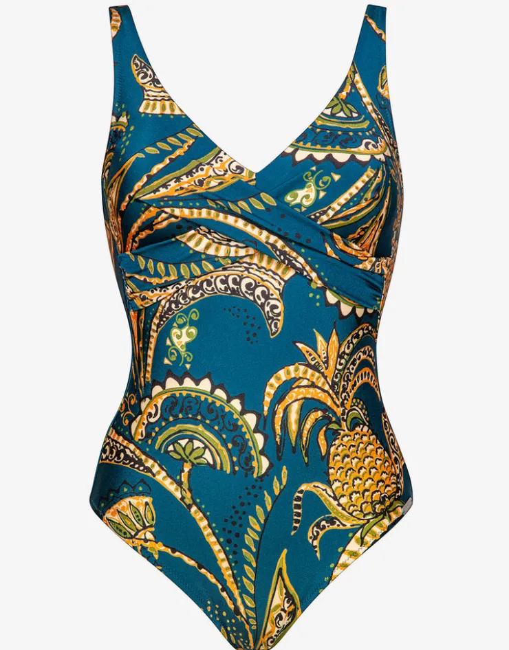 Charmline Satin Fruits Wrap Front Swimsuit - Ocean Pineapple Outlet