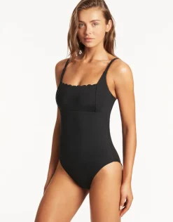 Sea Level Scallop Square Neck Swimsuit - Black Hot