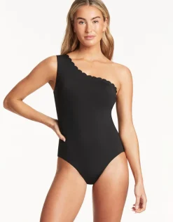 Sea Level Scallop Wide Strap Diagonal Swimsuit - Black Best