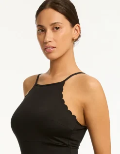 Sea Level Scalloped Cross Back High Neck Swimsuit - Black Clearance