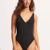 Seafolly Sea Dive Deep V Neck Swimsuit - Black Discount