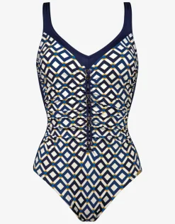 Charmline Seaside Dining Moulded Swimsuit - Navy Cream Fashion